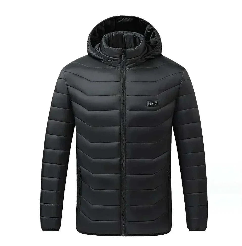 Black premium rechargeable heated jacket with adjustable heat zones and hood