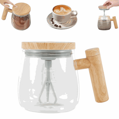 Transparent self stirring mug with wooden handle and lid, 400ml capacity, automatic mixing for coffee and shakes