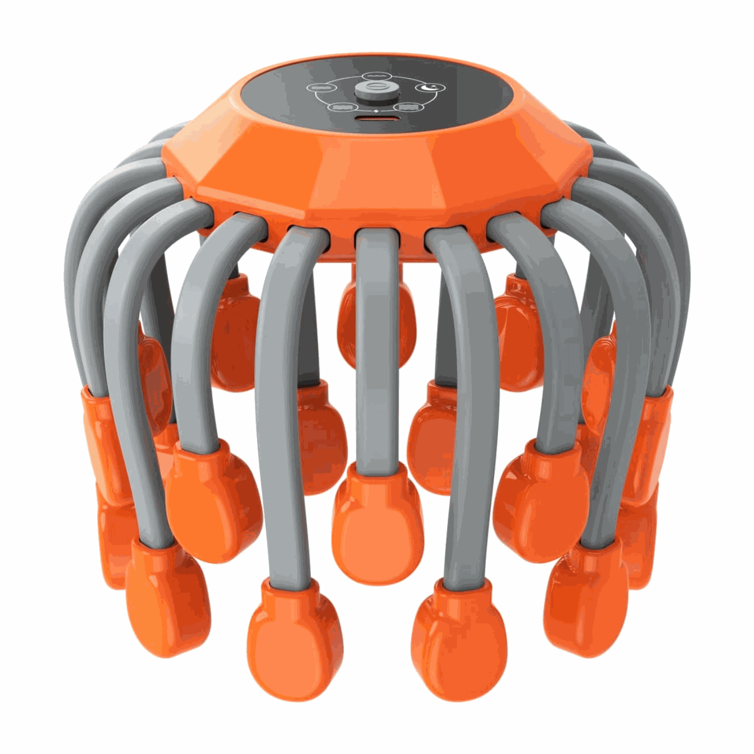 Orange and gray portable head massager for migraine relief and stress reduction with adjustable fit and pressure point stimulation.