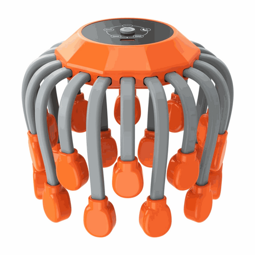 Orange and gray portable head massager for migraine relief and stress reduction with adjustable fit and pressure point stimulation.