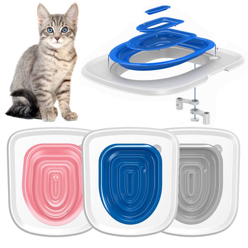 Cat Toilet Trainer with eco-friendly ABS material, multi-stage removable trays in pink, blue, and gray, suitable for easy, litter-free cat toilet training.