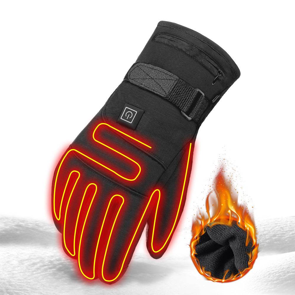 Black Electric Heated Gloves with full-finger infrared heating and adjustable strap on snowy background