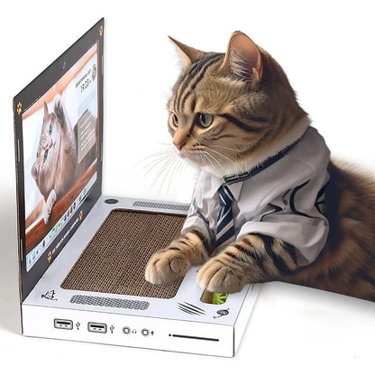 Indoor cat playing with Cat Scratching Board Laptop cardboard scratcher toy with mouse and ball track, dressed in a shirt and tie.