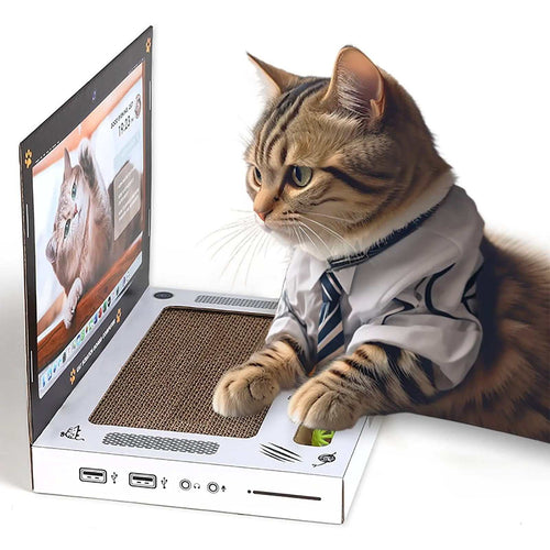 Indoor cat playing with Cat Scratching Board Laptop cardboard scratcher toy with mouse and ball track, dressed in a shirt and tie.