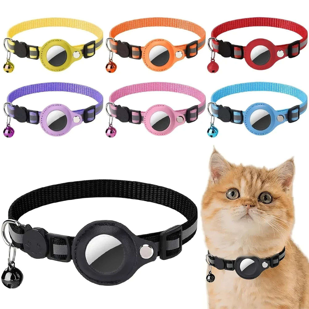 Set of colorful reflective cat collars with Apple AirTag holders, breakaway buckles, and bells, shown on a cat.