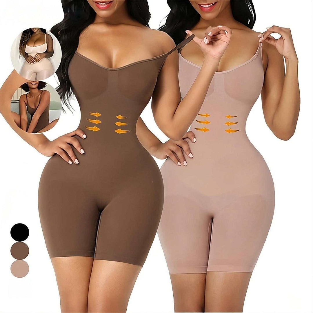 Woman wearing seamless full body shapewear bodysuit for tummy control and waist slimming